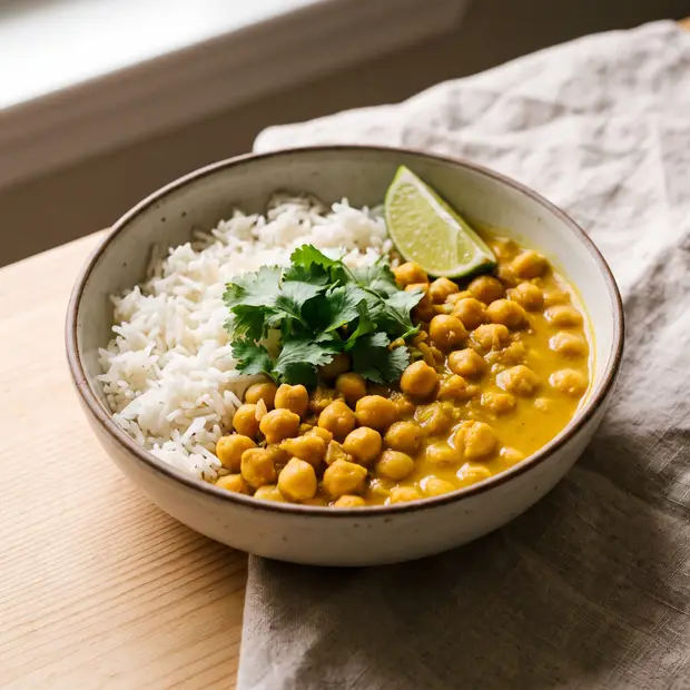 Curry de pois chiches vegan à la sauce coco, riz et coriandre