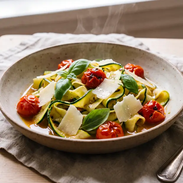 Assiette de pâtes aux légumes, tomates cerises et basilic