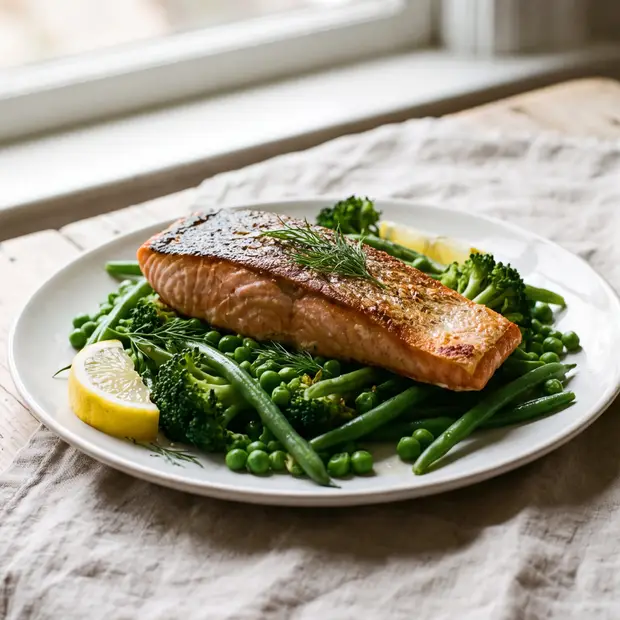 Pavé de saumon rôti sur un lit de légumes verts et citron