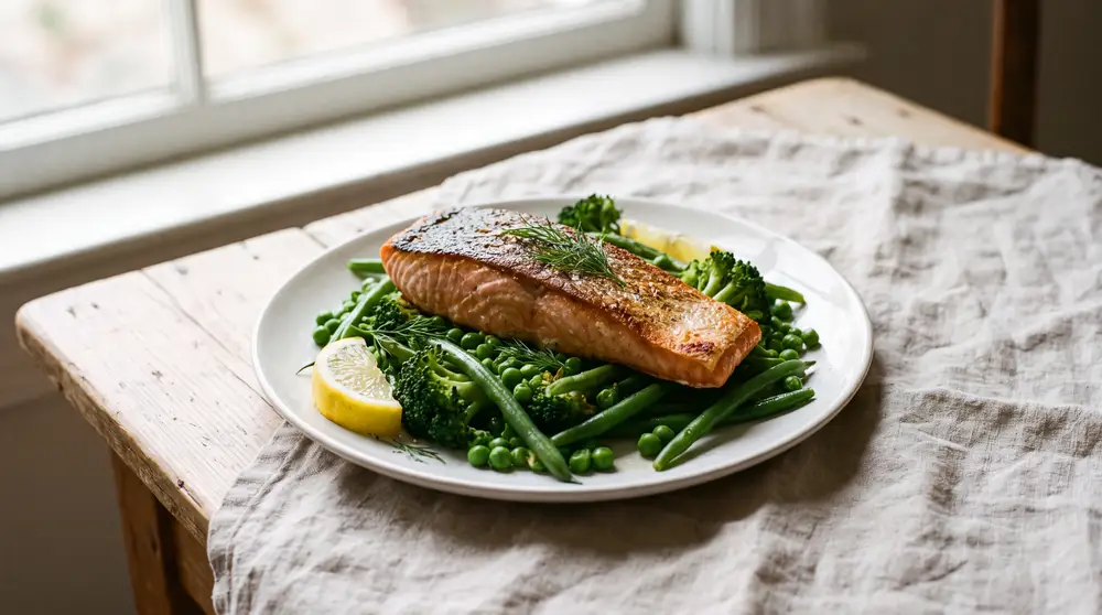 Saumon rôti aux légumes verts